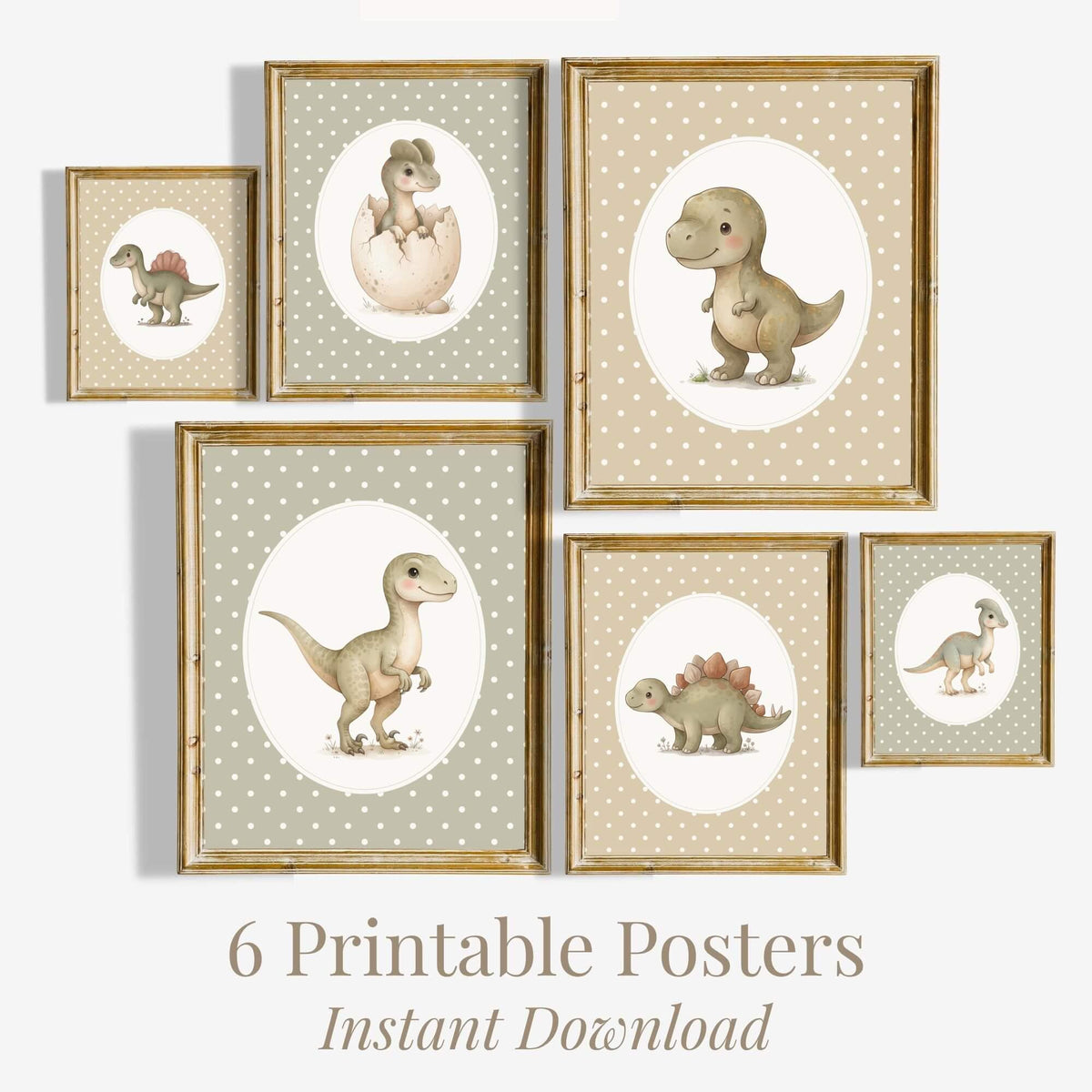 Neutral Dinosaur Nursery Prints with T-Rex, Set of 6 (Digital Download)