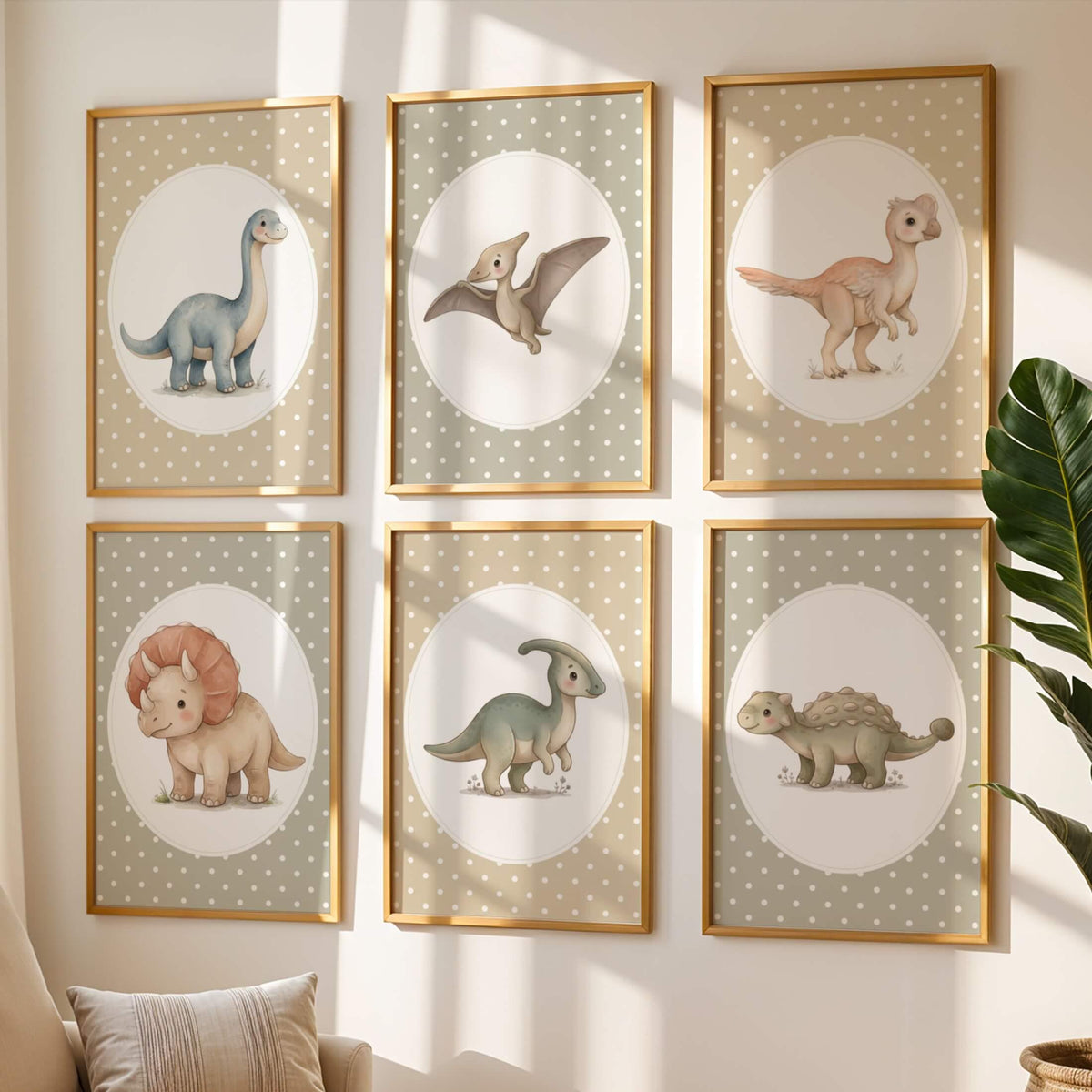 Polka Dot Dinosaur Prints with Triceratops, Set of 6 (Digital Download)