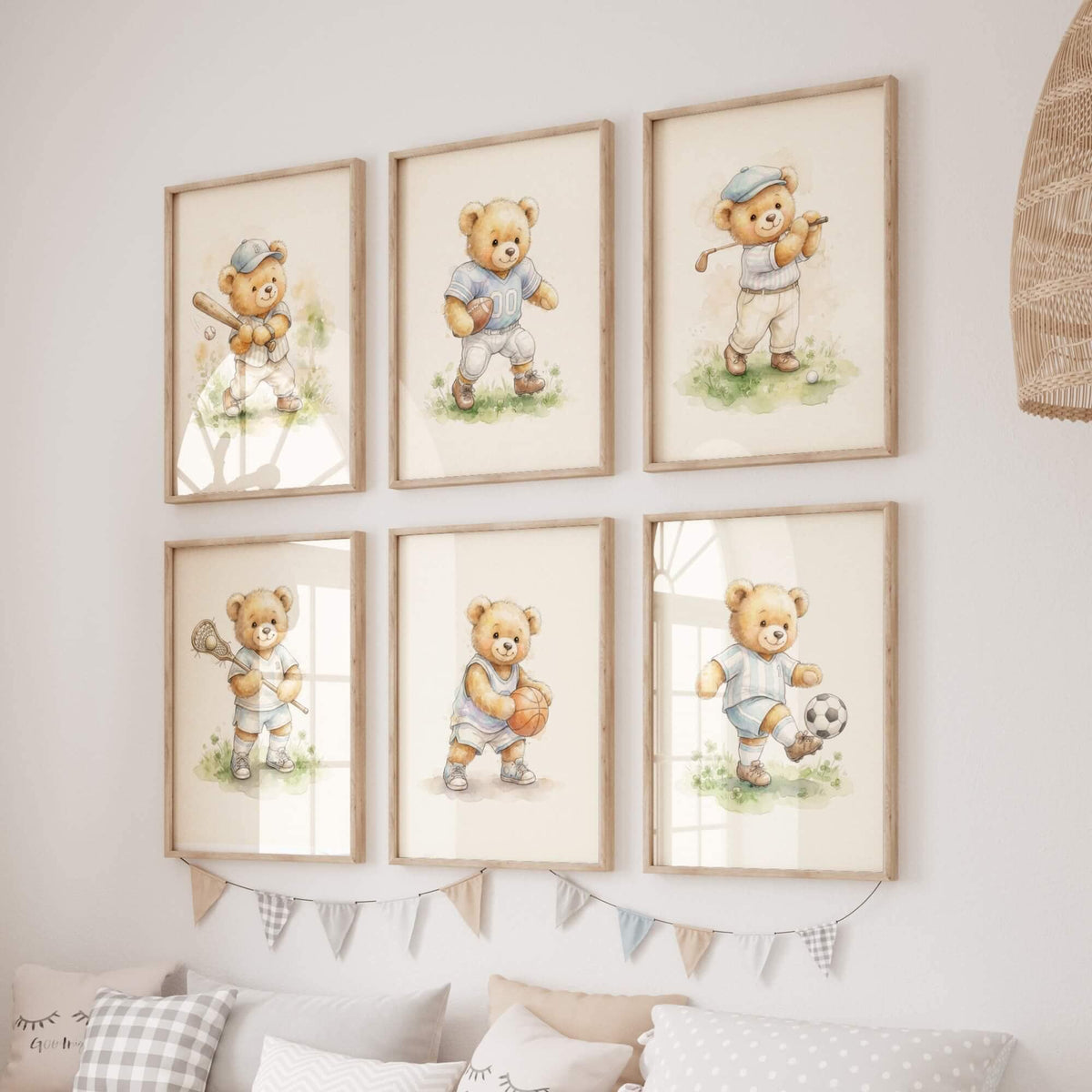 Watercolor Sports Teddy Bear Prints, Set of 6 (Digital Download)