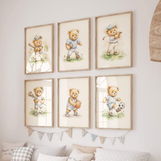 Watercolor Sports Teddy Bear Prints, Set of 6 (Digital Download)