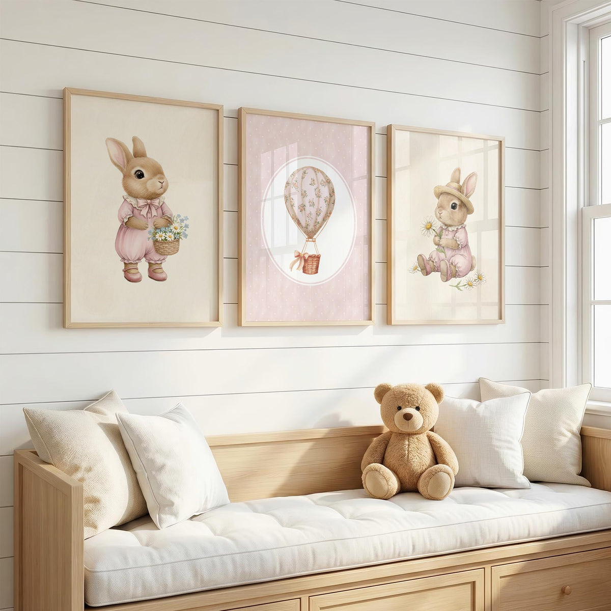 Pink Bunny and Balloon Nursery Prints, Set of 3 (Digital Download)
