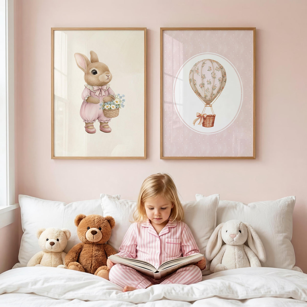 Pink Bunny and Balloon Nursery Prints, Set of 3 (Digital Download)