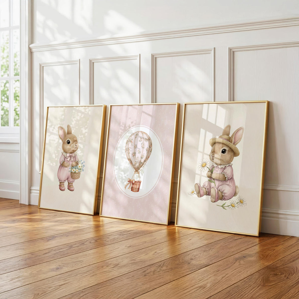 Pink Bunny and Balloon Nursery Prints, Set of 3 (Digital Download)