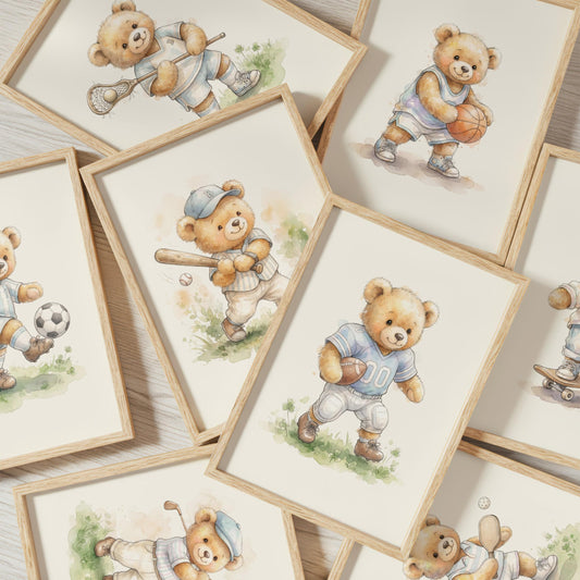 Sports Teddy Bear Nursery Prints, Set of 12 (Digital Download)