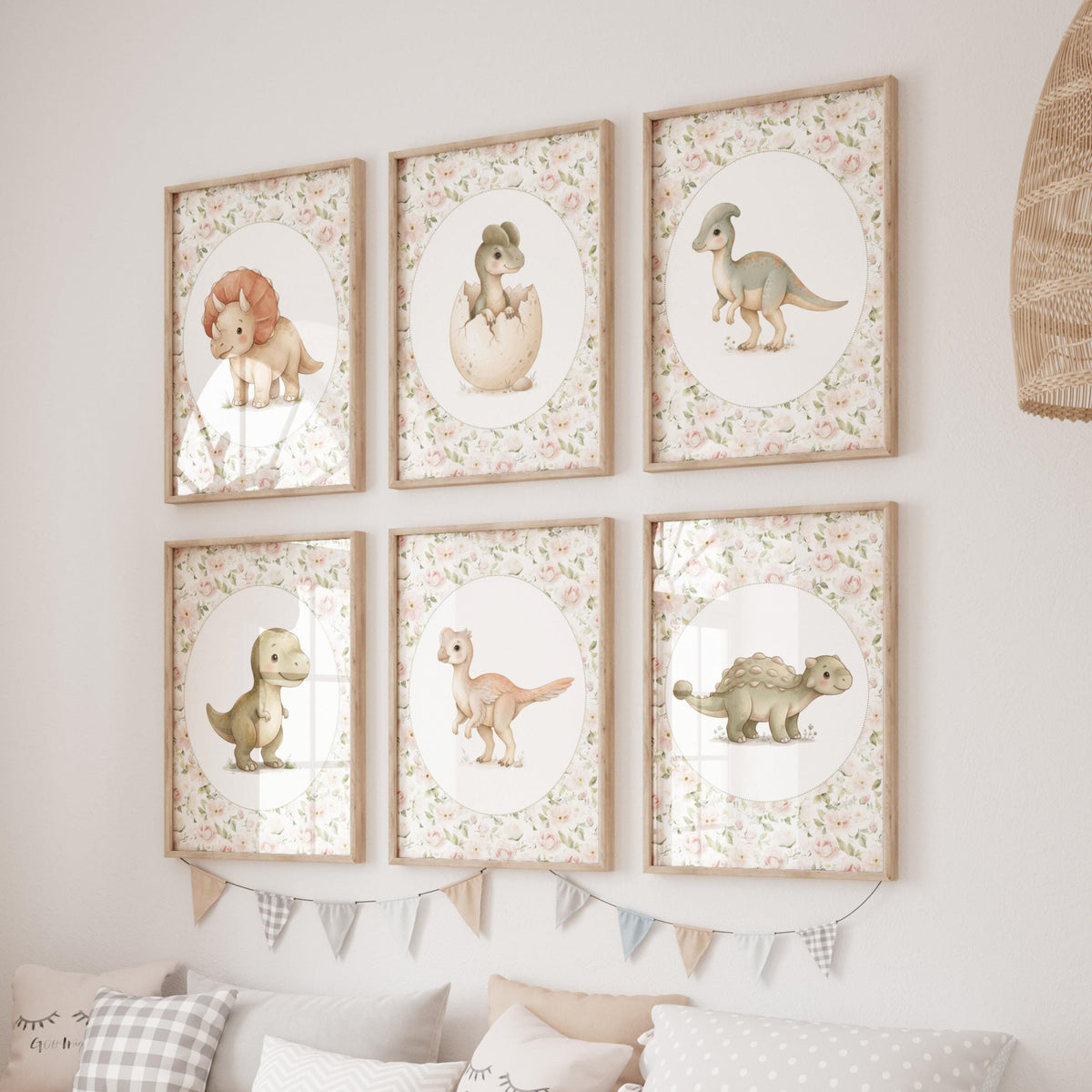 Pink Rose Dinosaur Nursery Prints, Set of 6 (Digital Download)