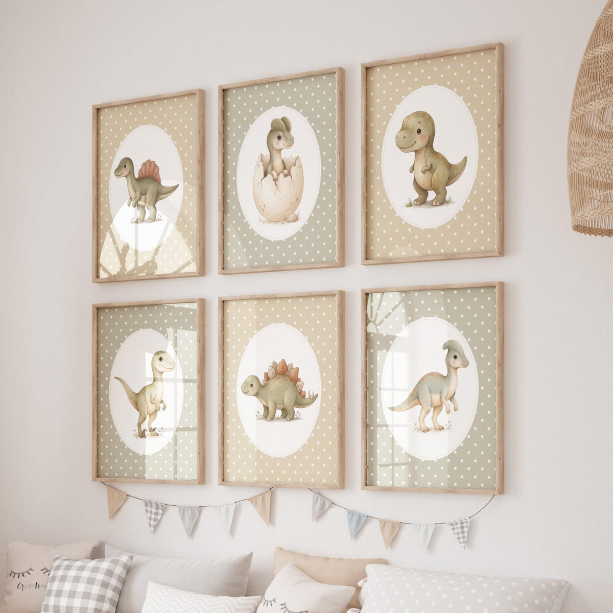 Neutral Dinosaur Nursery Prints with T-Rex, Set of 6 (Digital Download)