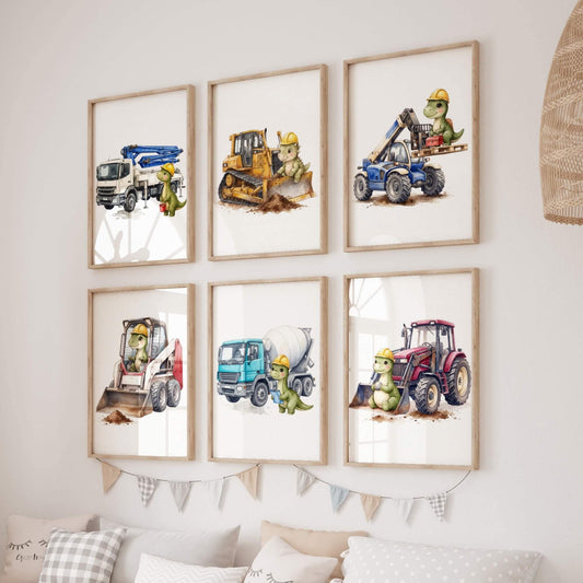 Dinosaur Construction Prints with Tractor, Set of 6 (Digital Download)