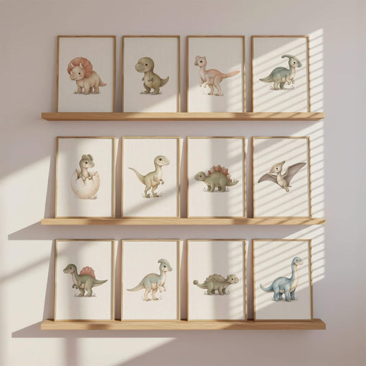 Watercolor Dinosaur Nursery Prints, Set of 12 (Digital Download)