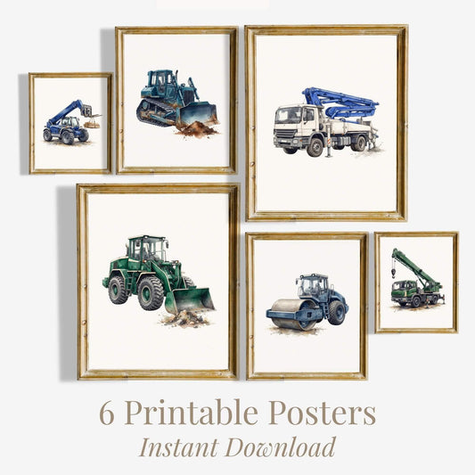 Construction Prints with Crane and Bulldozer, Set of 6 (Digital Download)