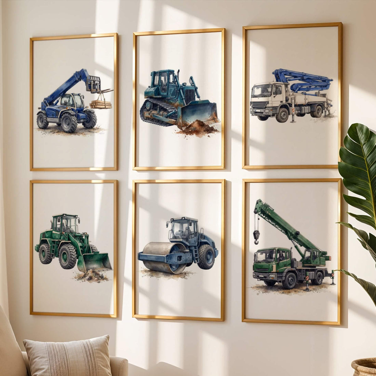 Construction Prints with Crane and Bulldozer, Set of 6 (Digital Download)