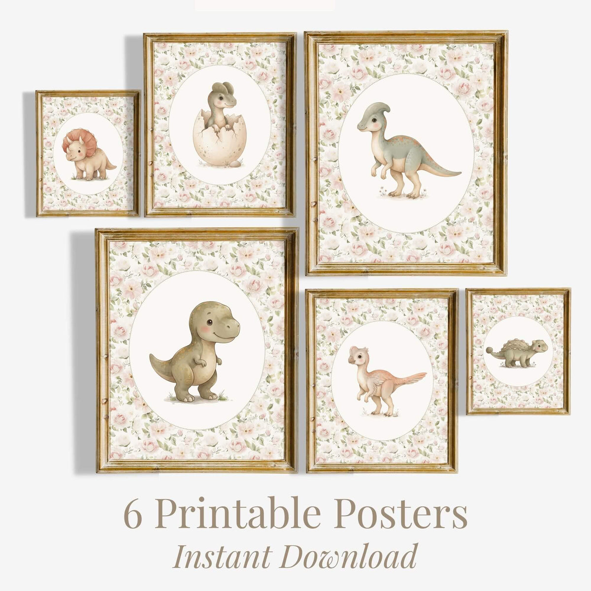 Pink Rose Dinosaur Nursery Prints, Set of 6 (Digital Download)