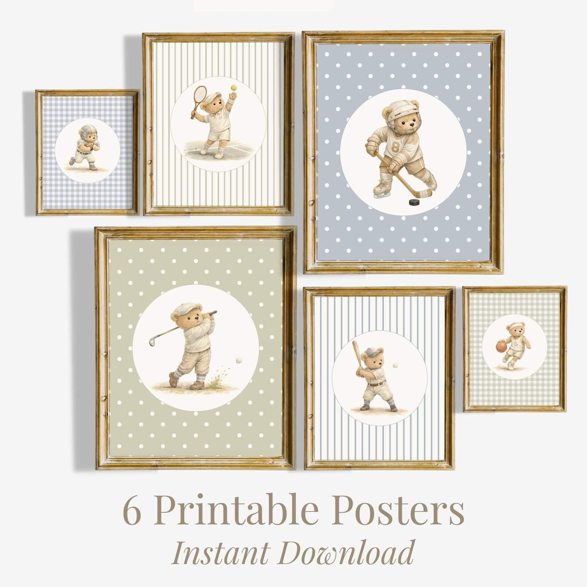 Preppy Sports Teddy Bear Nursery Prints, Set of 6 (Digital Download)