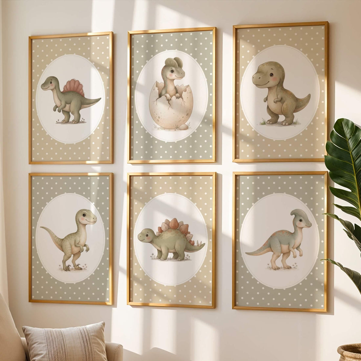 Neutral Dinosaur Nursery Prints with T-Rex, Set of 6 (Digital Download)