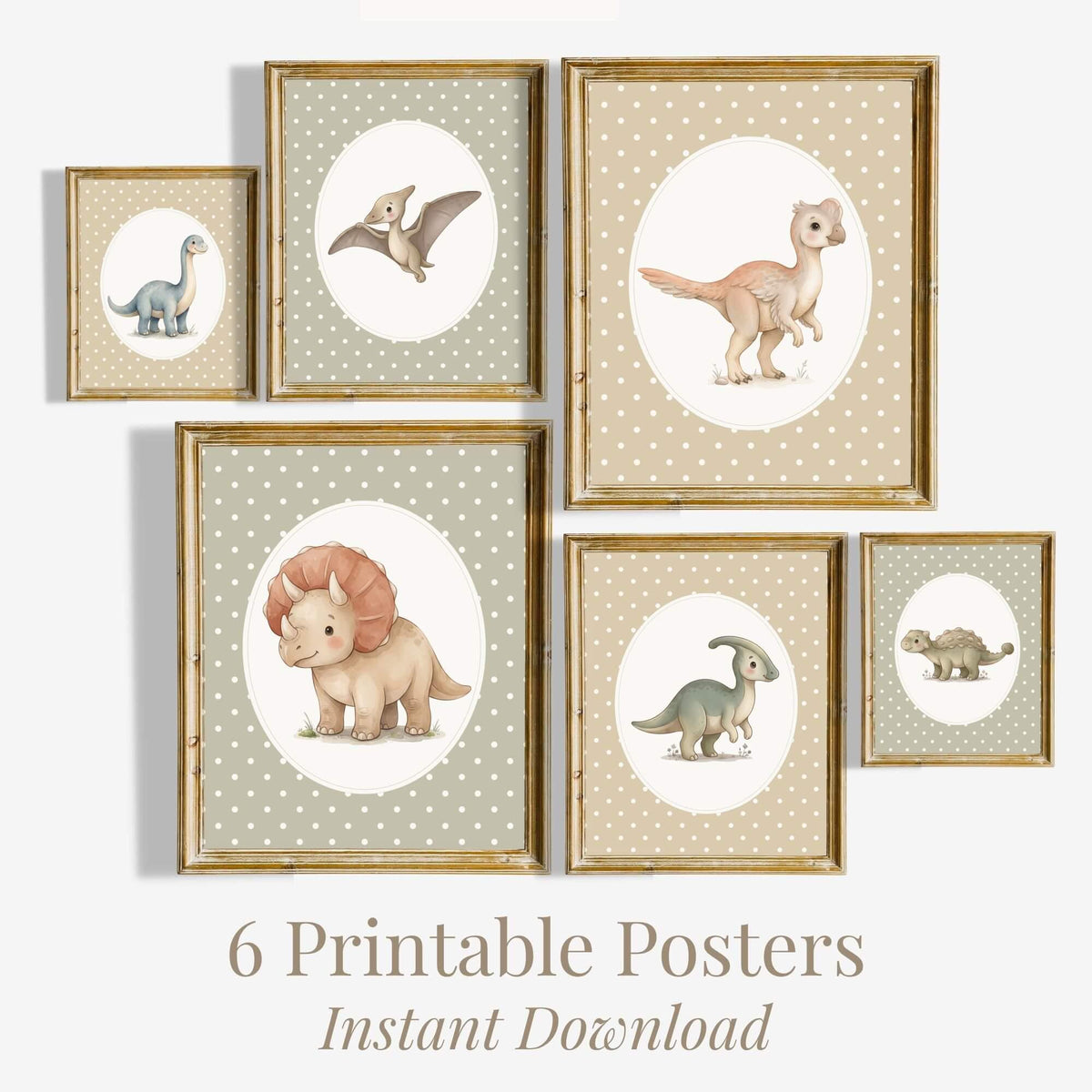 Polka Dot Dinosaur Prints with Triceratops, Set of 6 (Digital Download)