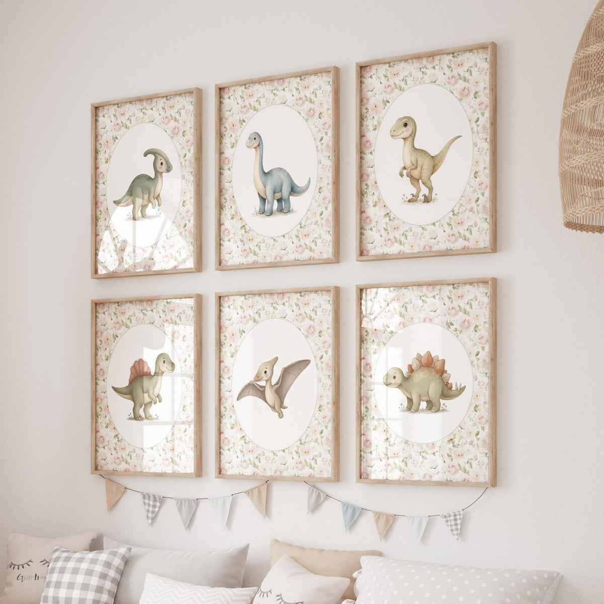 Floral Dinosaur Nursery Prints with T-Rex, Set of 6 (Digital Download)