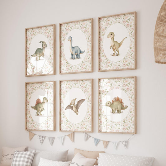 Floral Dinosaur Nursery Prints with T-Rex, Set of 6 (Digital Download)