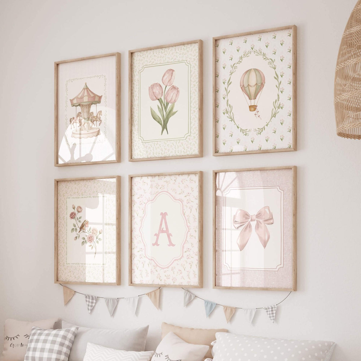 Vintage Pink Nursery Prints with Initials, Set of 6 (Digital Download)