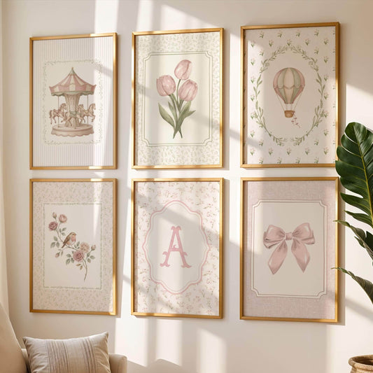 Vintage Pink Nursery Prints with Initials, Set of 6 (Digital Download)