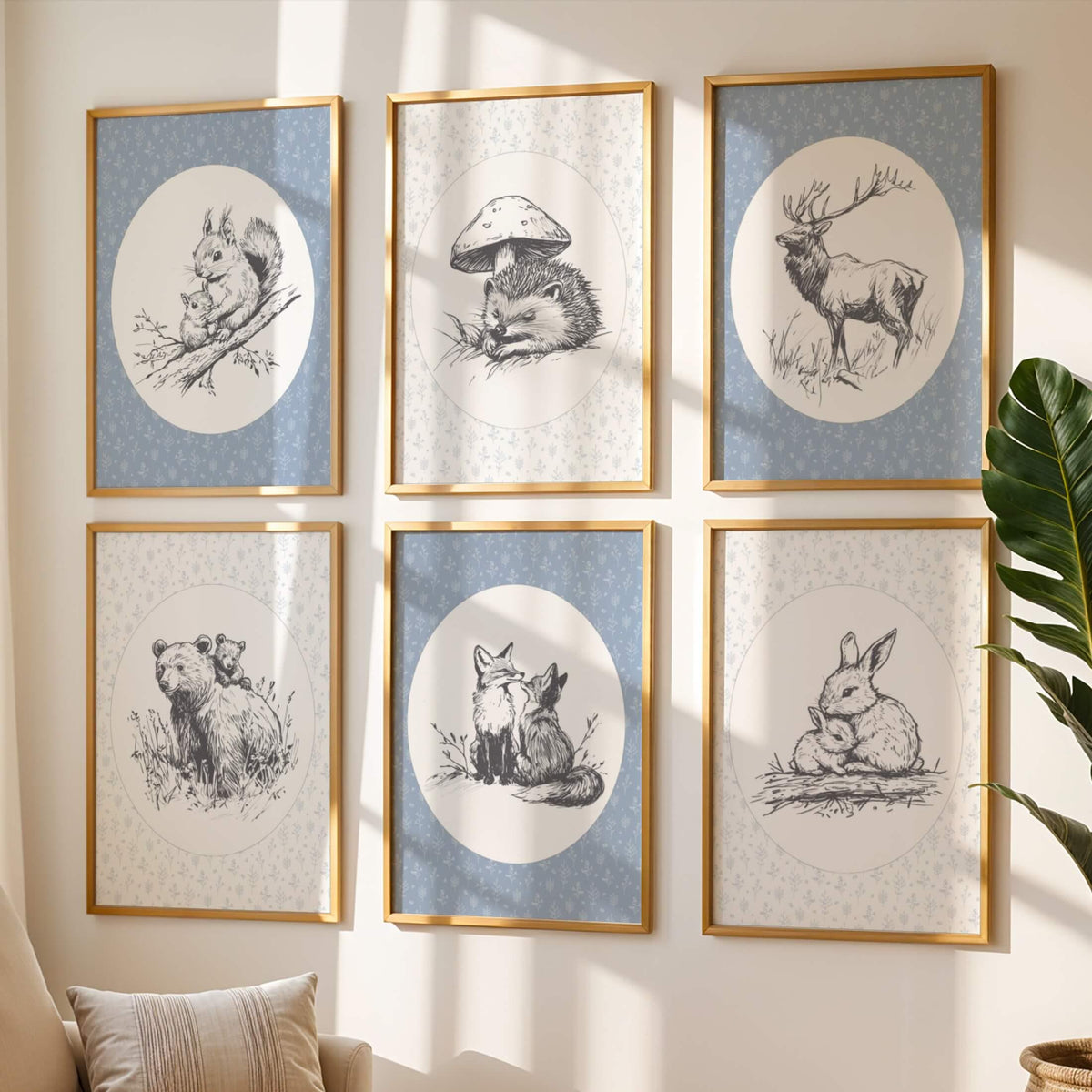 Blue Woodland Animal Nursery Prints, Set of 6 (Digital Download)