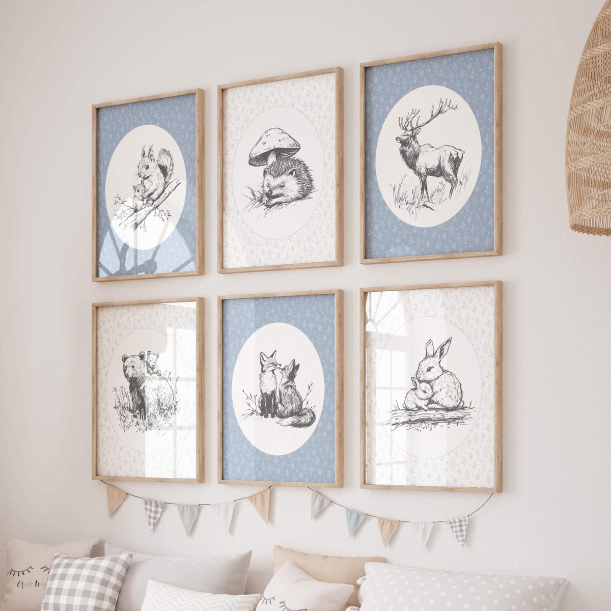 Blue Woodland Animal Nursery Prints, Set of 6 (Digital Download)