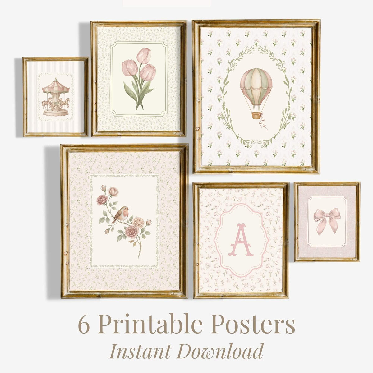 Vintage Pink Nursery Prints with Initials, Set of 6 (Digital Download)