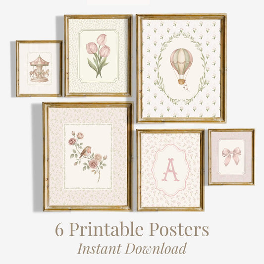 Vintage Pink Nursery Prints with Initials, Set of 6 (Digital Download)