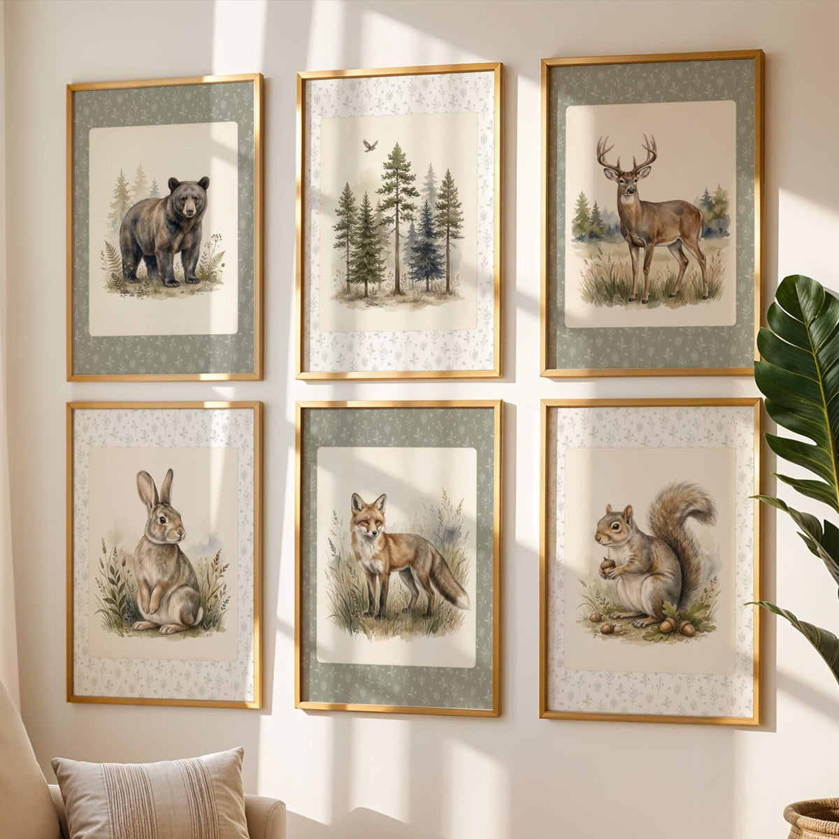Sage Botanical Woodland Nursery Prints, Set of 6 (Digital Download)