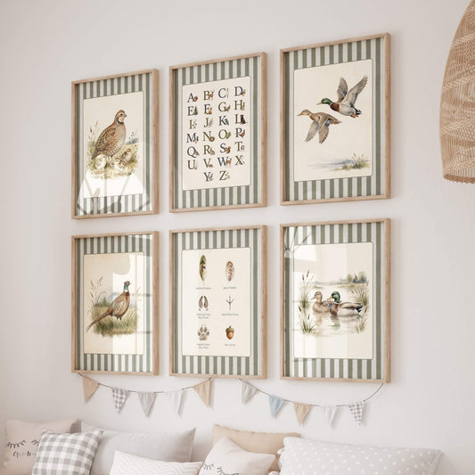 Striped Hunting Bird Nursery Prints, Set of 6 (Digital Download)