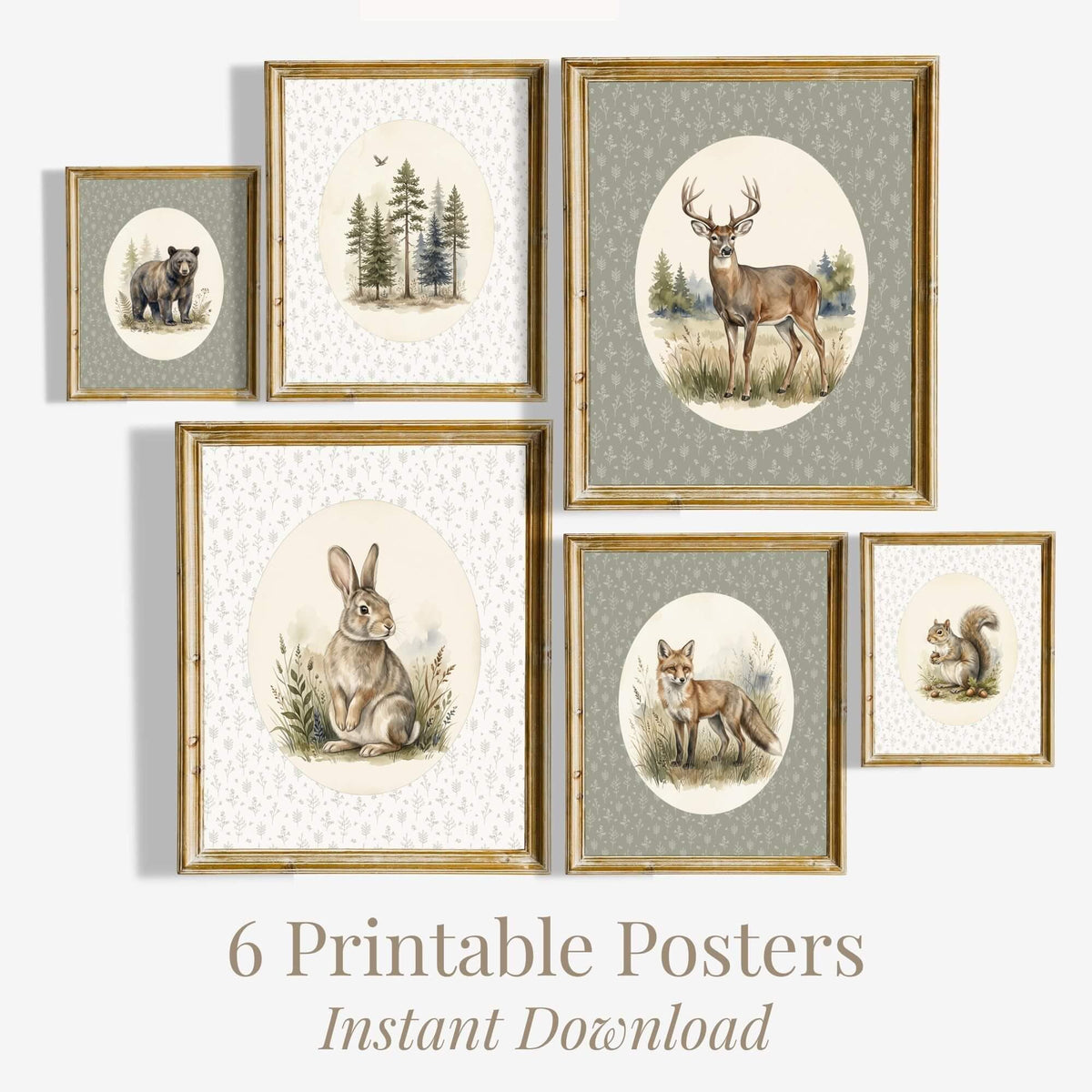 Oval Woodland Nursery Prints, Set of 6 (Digital Download)
