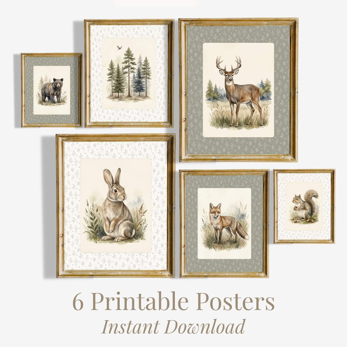 Sage Botanical Woodland Nursery Prints, Set of 6 (Digital Download)