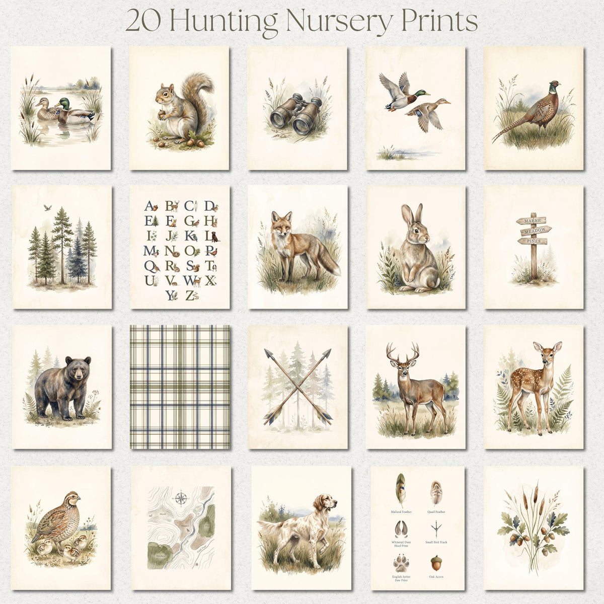 Vintage Hunting Nursery Prints, Set of 20 (Digital Download)