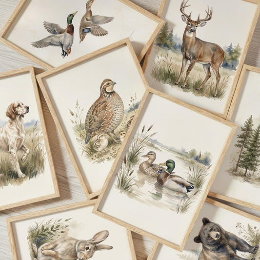 Vintage Hunting Nursery Prints, Set of 20 (Digital Download)