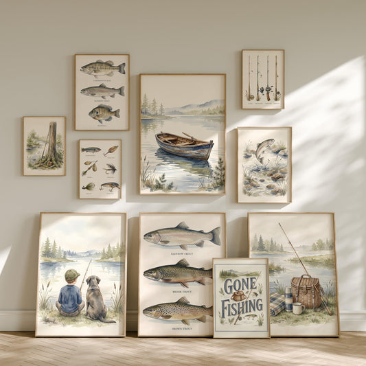 Vintage Fishing Nursery Prints, Set of 20 (Digital Download)