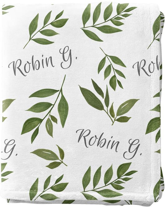 Custom Baby Blanket with Name, Green Leaves