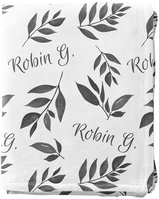 Custom Baby Blanket with Name, Gray Leaves
