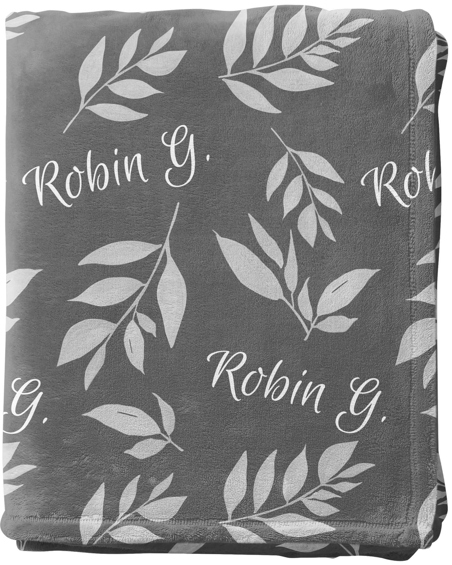 Custom Baby Throw Blanket with Name and Leaves on a Gray Background