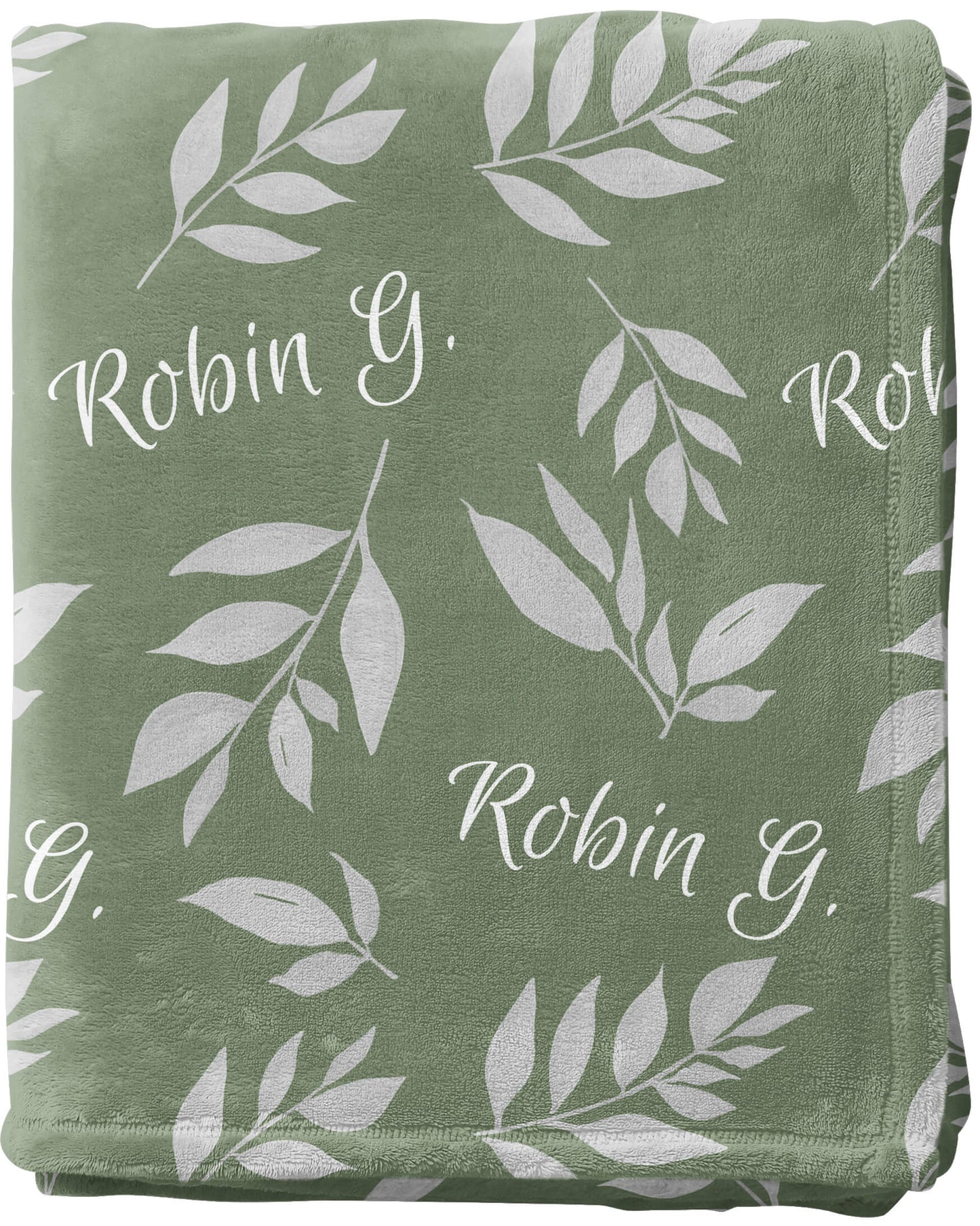 Custom Throw Blanket with Name and Leaves on a Sage Background