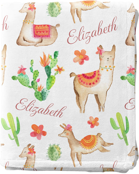 Personalized Baby Blanket with Llamas, Cactus and Name