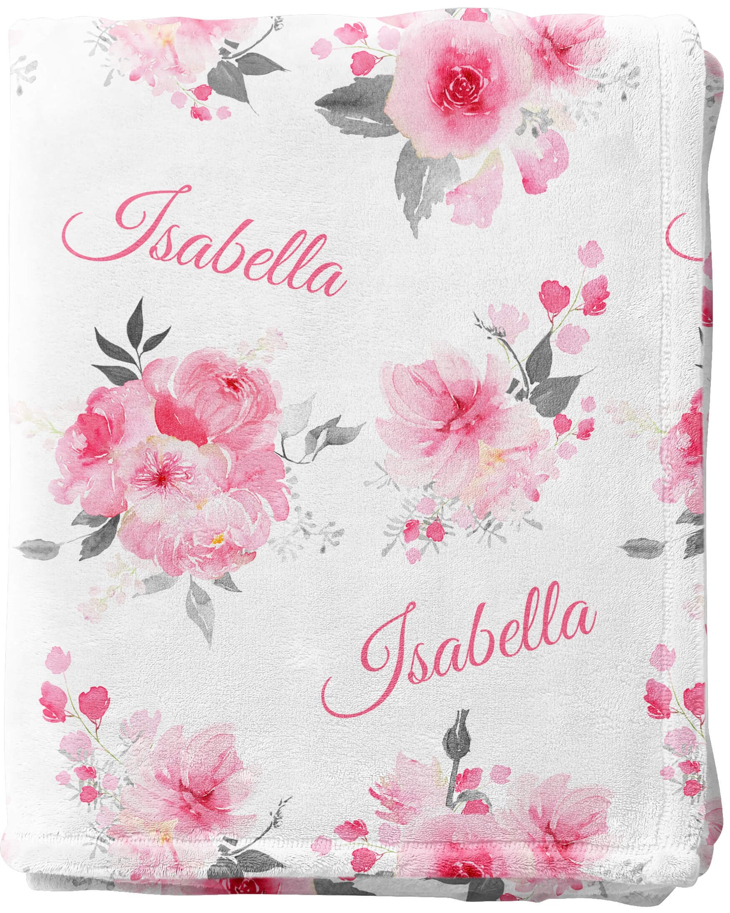 Custom Floral Minky Blanket with Name, Pink and Gray Floral Pattern