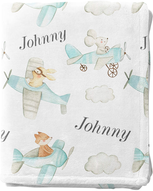 Custom Baby Name Blanket with Planes, Mouse, Rabbit and Fox
