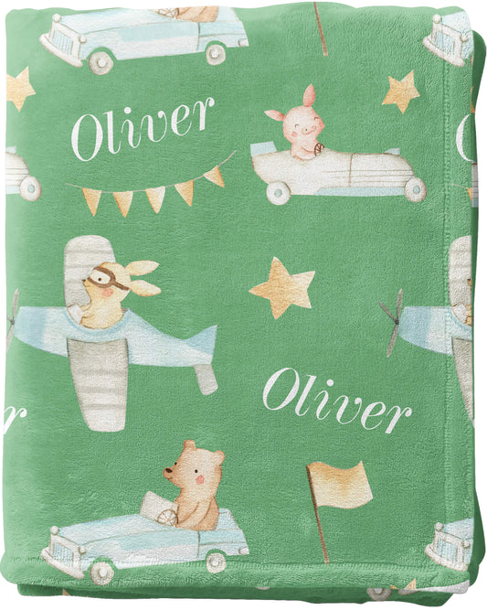 Cars and Planes - Personalized Blanket for Boys with Name and Animals, Sage Green