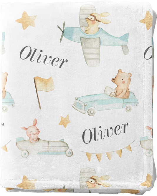 Retro Cars and Planes - Personalized Baby Blanket with Animals