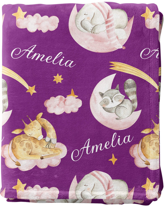 Sleeping Animals - Custom Baby Name Blanket for Girls with Elephant and Giraffe, Purple