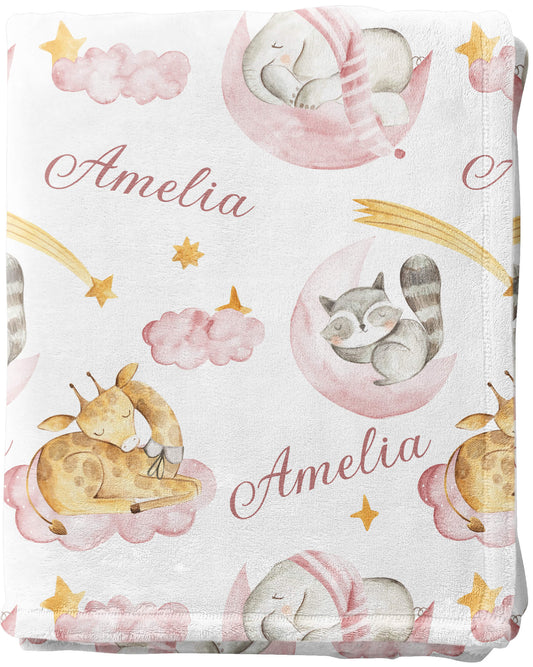 Sleeping Animals - Personalized Name Blanket for Girls with Elephant and Giraffe, Baby Pink
