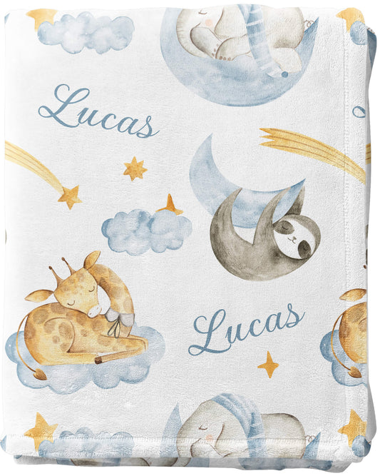 Sleeping Animals - Custom Name Blanket for Boys with Elephant and Giraffe, Baby Blue
