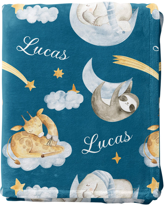 Sleeping Animals - Personalized Baby Name Blanket for Boys with Elephant and Giraffe