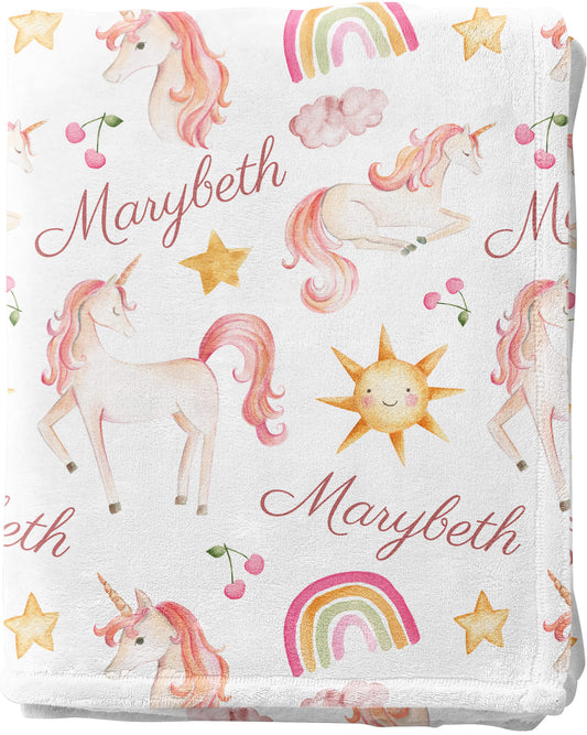 Custom Baby Name Blankets for Girls with Unicorns and Rainbows
