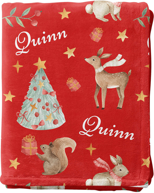 Christmas Woodland Baby Blanket with Name, Red