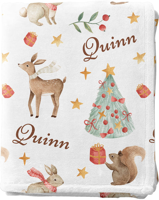 Christmas Woodland Baby Blanket with Name, White