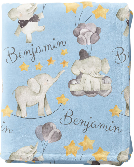 Custom Baby Boy Blanket with Elephants and Balloons, Blue
